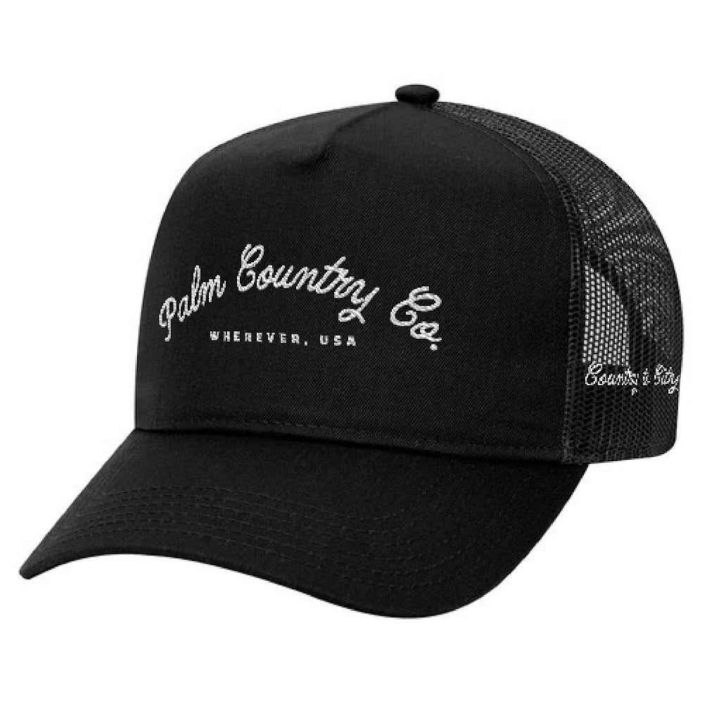 a black trucker hat with white lettering on it